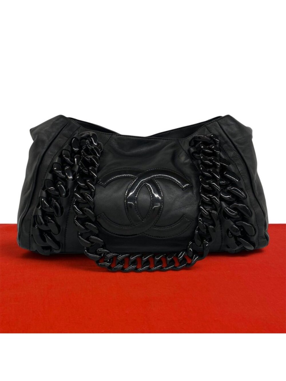 Chanel CC Logo Leather Tote Bag Boston Black